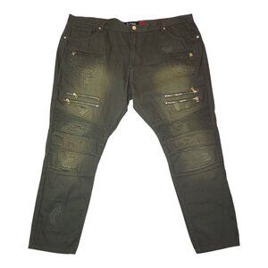 Makobi Mens Distressed Faded Pants Olive Green Size 50X32 With Zipper Accents